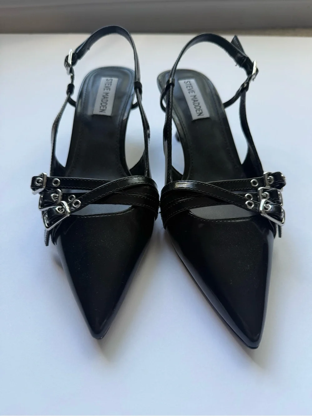 Steve Madden Women’s Black Pointed Slingback Kitten Heels with Buckle Straps